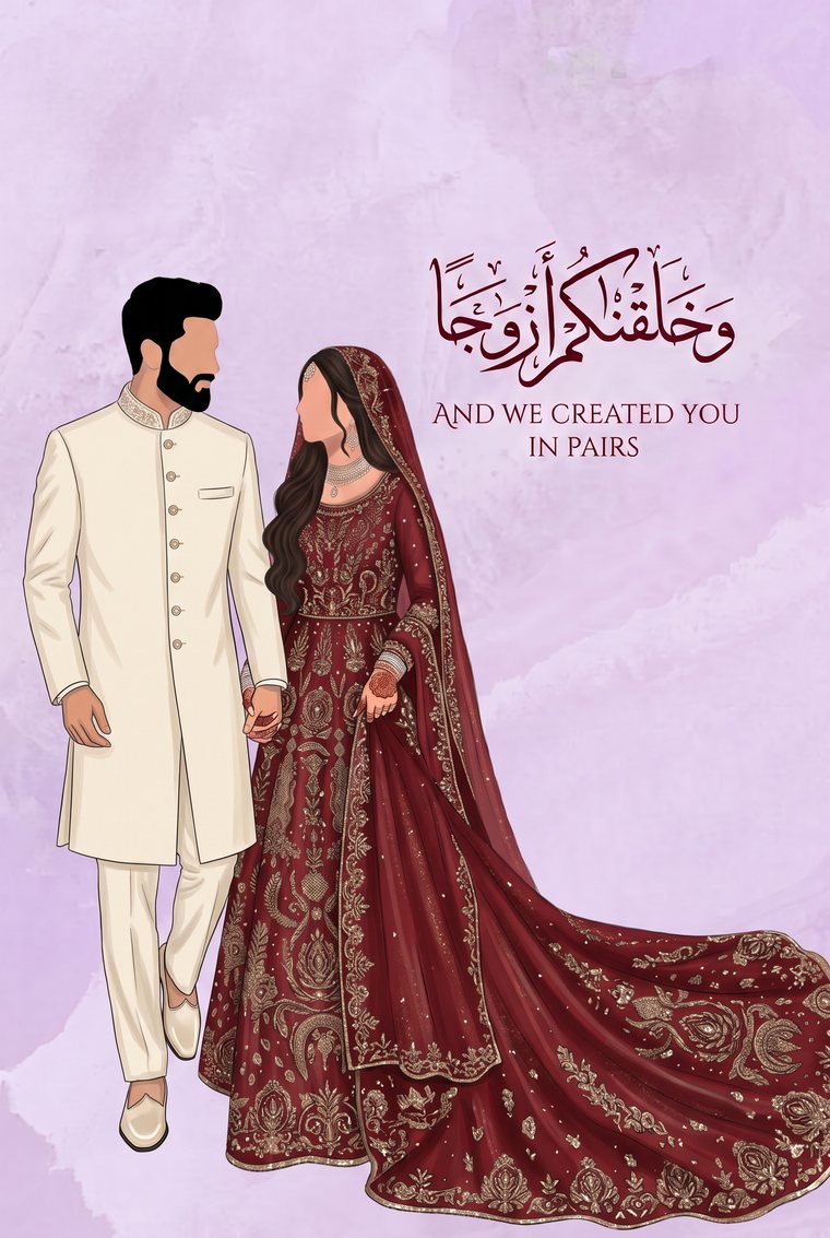 Illustration of the bride in a red bridal dress and the groom in a cream sherwani, with the verse: And We created you in pairs